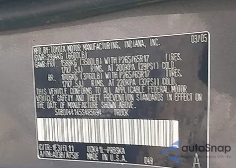 2005 Toyota Tundra Sr5 V8 из США, поврежденный, VIN 5TBDT44145S485694